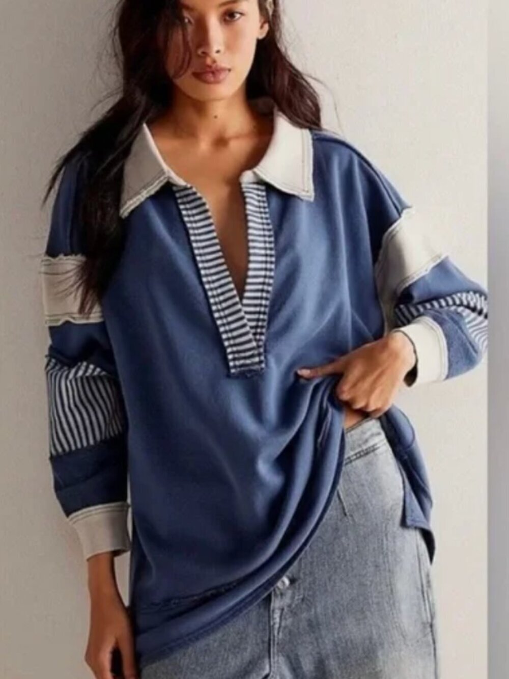Free People x We The Free Clean Prep Polo Pullover Sweater Top Blue White Medium